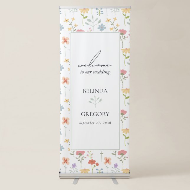 Boho Chic Wildflowers Floral Wedding Welcome Retractable Banner (Front)