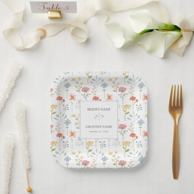Boho Chic Wildflowers Modern Floral Wedding Paper Plates (Wedding)