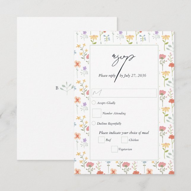 Boho Chic Wildflowers Modern Floral Wedding RSVP Card (Front/Back)