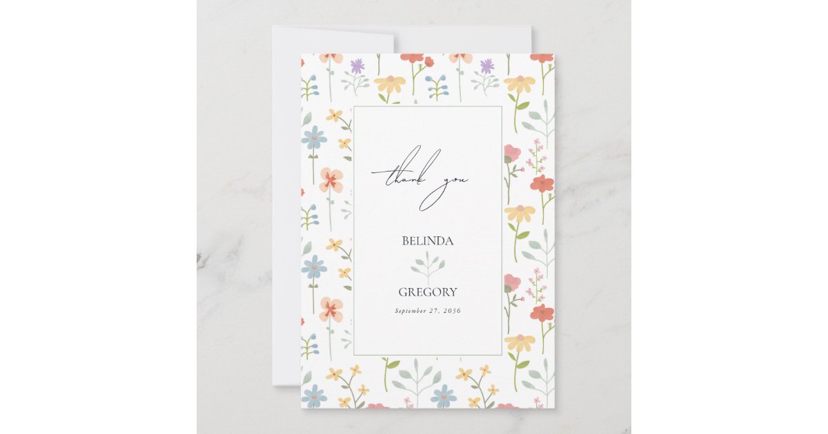 Boho Chic Wildflowers Modern Floral Wedding Thank You Card | Zazzle