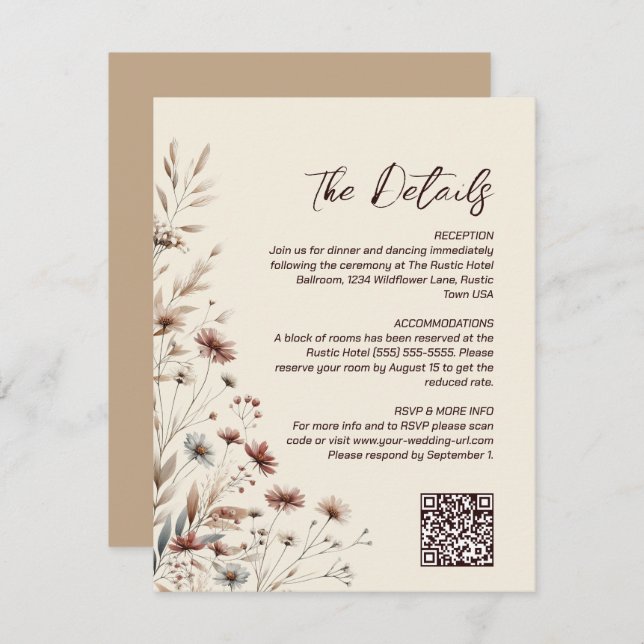 Boho Chic Wildflowers QR Code Wedding Details Enclosure Card (Front/Back)