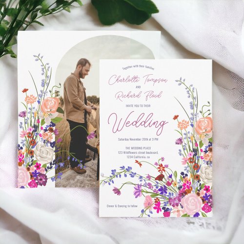Boho chic wildflowers script photo wedding invitation