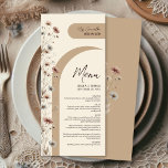 Boho Chic Wildflowers Wedding Place Card Menu<br><div class="desc">Welcome your wedding guests with these lovely personalized place card menus. Designed to be ordered individually, your guest's name appears at the top to welcome each guest and let them know where their seat is. The design boasts modern boho chic elegance with earthtone background colors of mocha and cream, arch...</div>