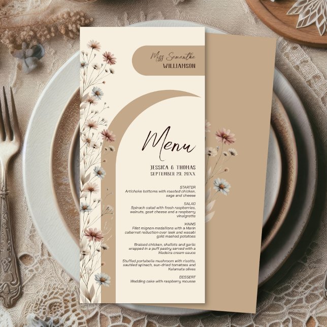 Boho Chic Wildflowers Wedding Place Card Menu (Front/Back)