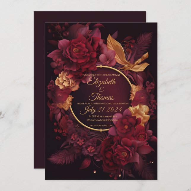 Boho chic with Burgundy and Gold theme.  Invitation (Front/Back)