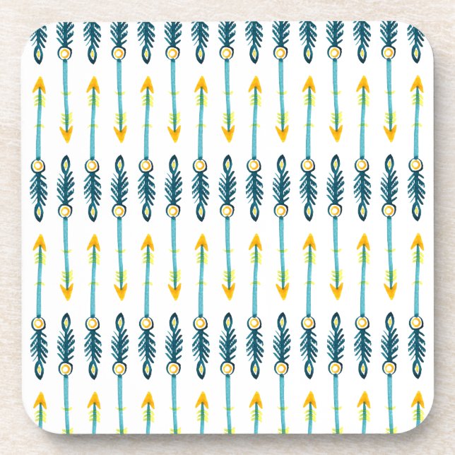 boho chic yellow blue watercolor arrows coasters (Front)