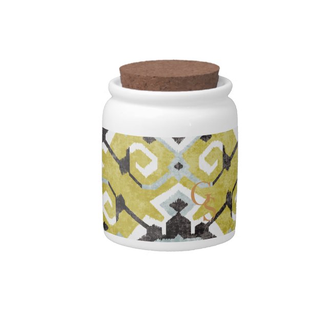 Boho chic yellow ikat tribal pattern monogram candy jar (Front)