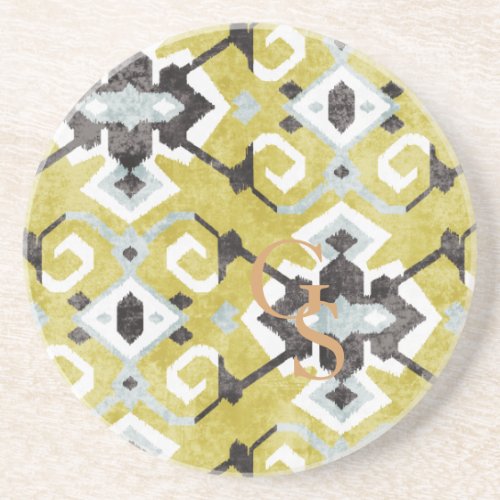 Boho chic yellow ikat tribal pattern monogram coaster