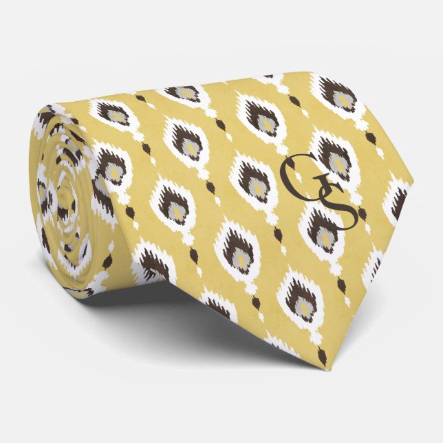 Boho chic yellow ikat tribal pattern monogram neck tie (Rolled)
