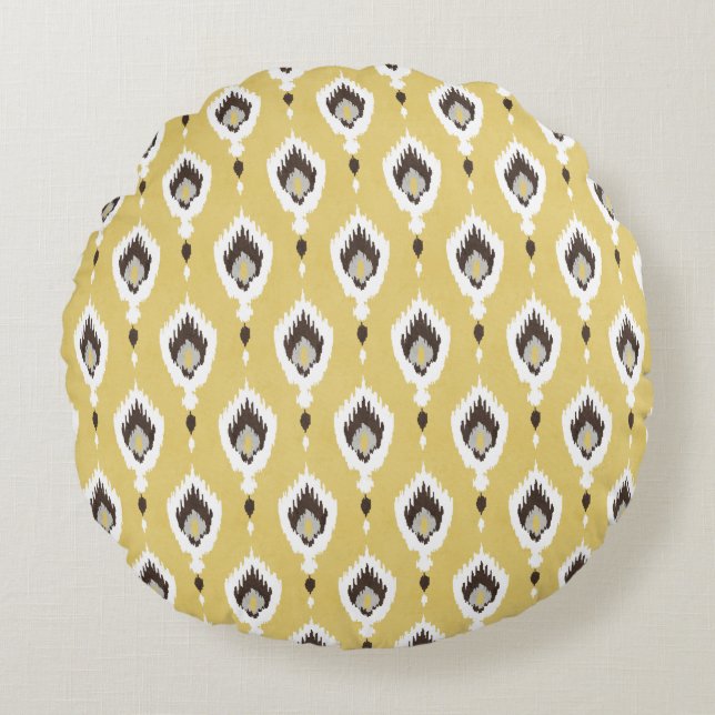 Boho chic yellow ikat tribal pattern monogram round pillow (Front)