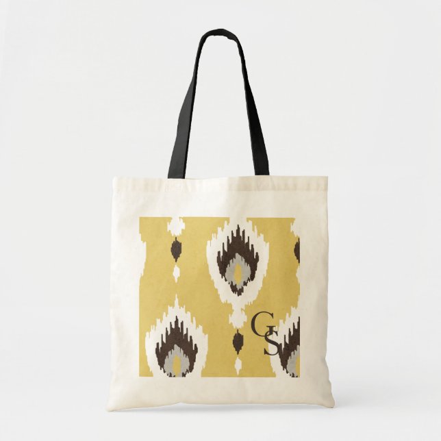 Boho chic yellow ikat tribal pattern monogram tote bag (Front)