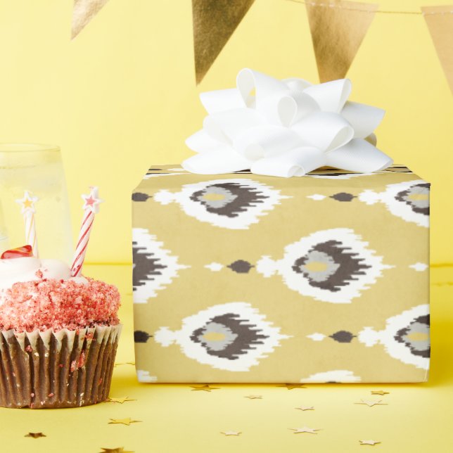 Boho chic yellow ikat tribal pattern monogram wrapping paper (Birthday Party)
