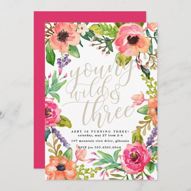 Boho Chic Young Wild and Three Birthday Invitation (Front/Back)
