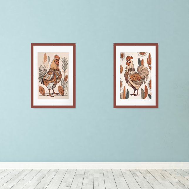 Boho chicken Leaf Botanical art style Modern Wall Art Sets (Wood Floor)