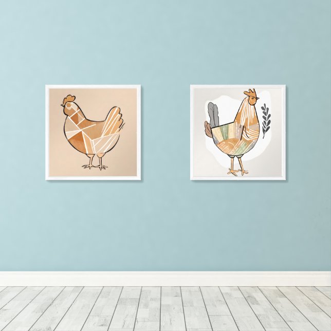 Boho chicken Leaf Botanical art style Modern Wall Art Sets (Wood Floor)