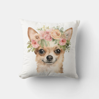 Boho Chihuahua Flower Crown Watercolor Throw Pillow