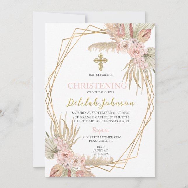 Boho christening invitation for girl (Front)