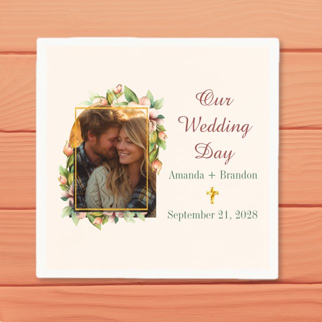 Boho Christian Cross Floral Arch Photo Wedding Napkins (Boho Christian Cross Floral Arch Photo Wedding Napkins)