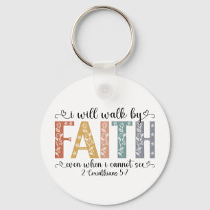 Boho Christian Walk by Faith Bible Verse Floral Keychain
