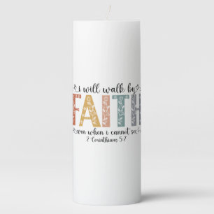 Boho Christian Walk by Faith Bible Verse Floral Pillar Candle