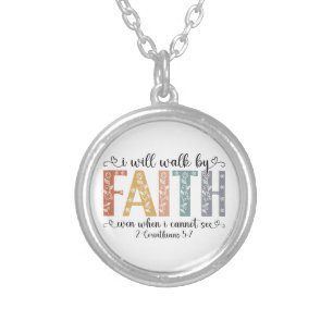 Boho Christian Walk by Faith Bible Verse Floral Silver Plated Necklace