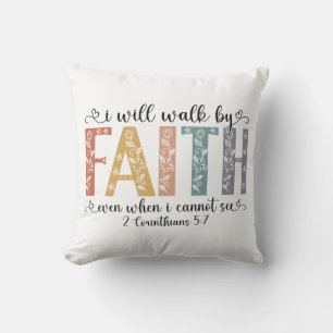 Boho Christian Walk by Faith Bible Verse Floral Throw Pillow