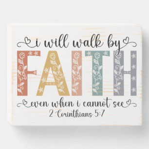 Boho Christian Walk by Faith Bible Verse Floral Wooden Box Sign