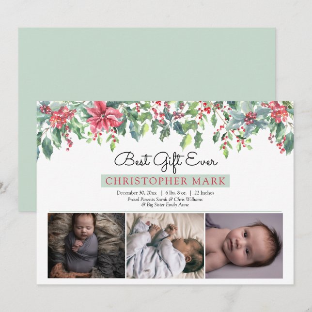 Boho Christmas Greenery Best Gift Ever Birth Announcement (Front/Back)