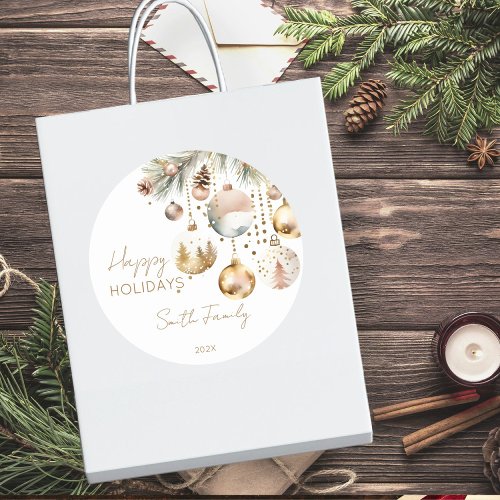 Boho Christmas holiday snowy pines gold baubles Classic Round Sticker