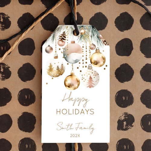 Boho Christmas holiday snowy pines gold baubles Gift Tags