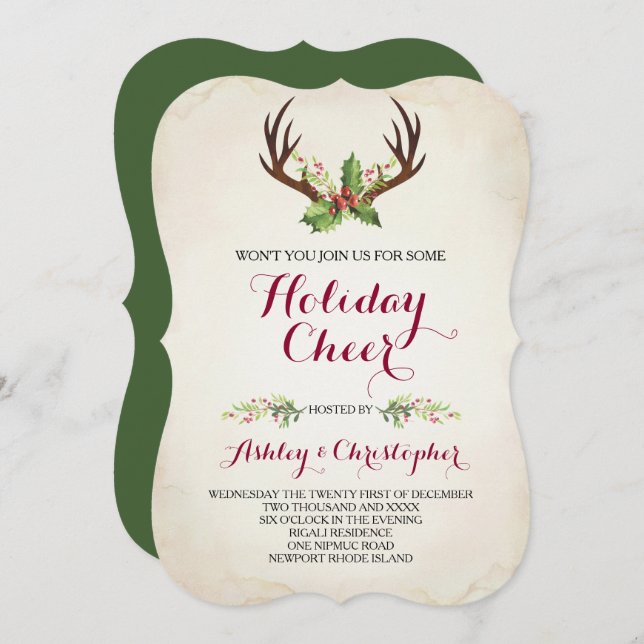 Boho Christmas Invite ~ Rustic Deer Antler (Front/Back)