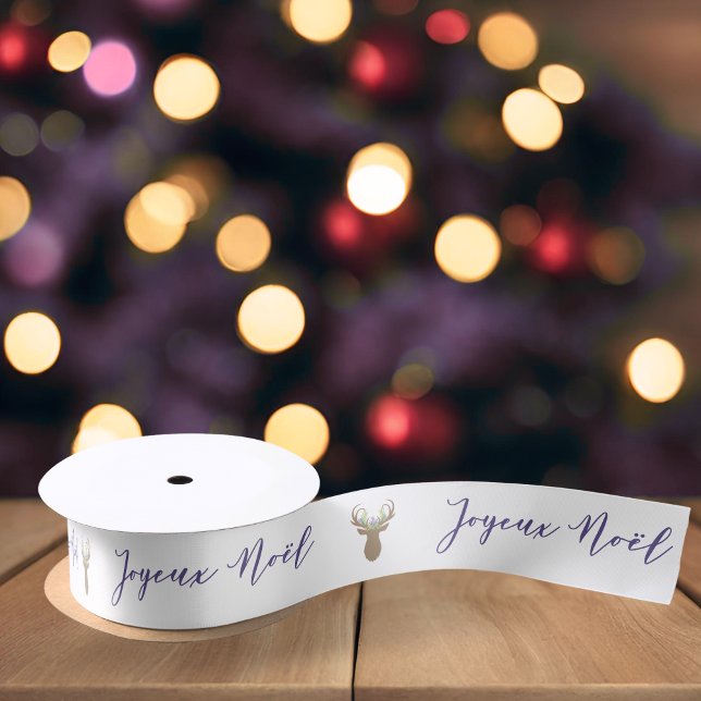 Boho Christmas Joyeux Noel Reindeer Typography Satin Ribbon (Creator Uploaded)