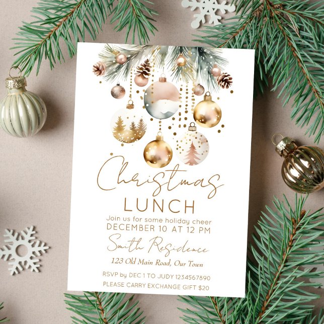 Boho Christmas lunch party snowy watercolor  Invitation (Boho Christmas party lunch template invitation gold baubles on pines gold glitter modern invitation)