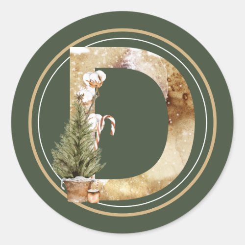 Boho Christmas Monogram D with Tree  Candy Cane Classic Round Sticker