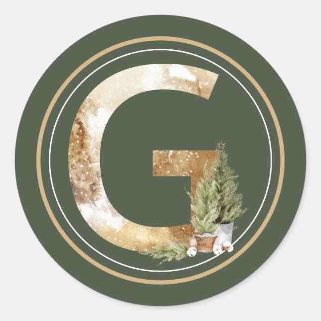Boho Christmas Monogram G with Pine Trees  Classic Round Sticker (Front)