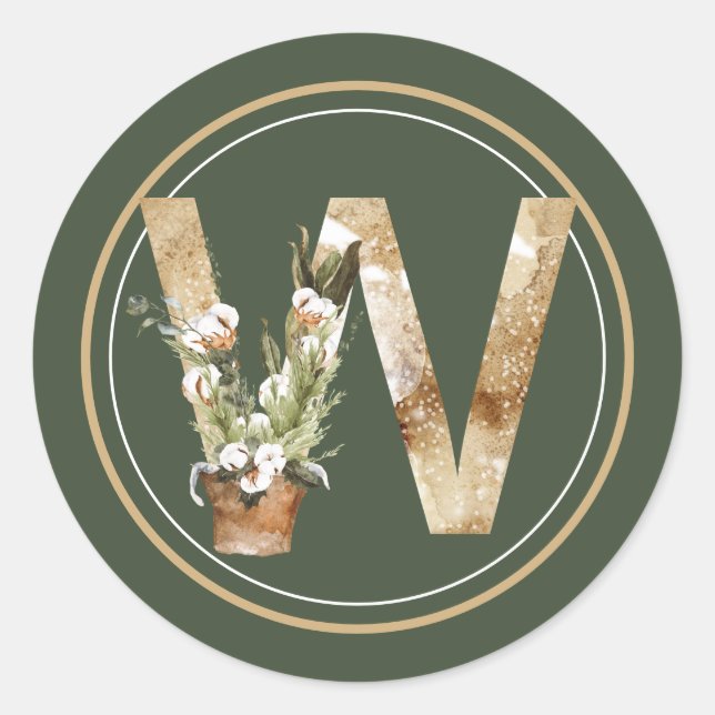 Boho Christmas Monogram W with Cotton Arrangement Classic Round Sticker (Front)