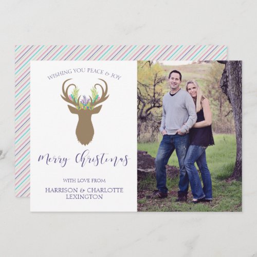 Boho Christmas Reindeer Watercolor Stripe Photo Holiday Card