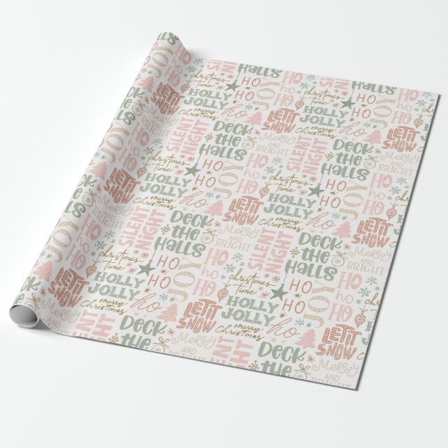 Boho Christmas Sayings Green Pink Terracotta  Wrapping Paper (Unrolled)