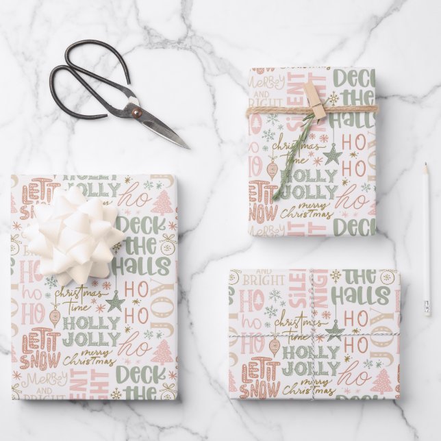 Boho Christmas Sayings Green Pink Terracotta  Wrapping Paper Sheets (Front)
