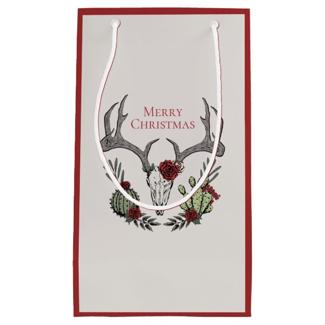 Boho Christmas Skull, Antlers, Roses and Cactus Small Gift Bag (Front)