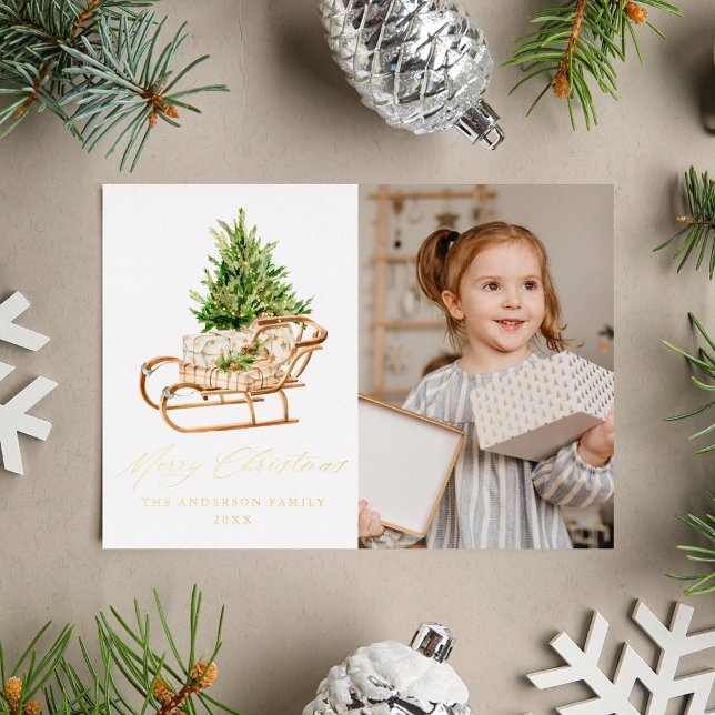 Boho Christmas Sleigh Photo Foil Holiday Card (Creator Uploaded)