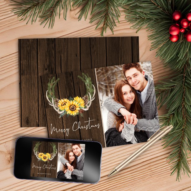 Boho Christmas Sunflower Wreath Holiday Photo (Boho Christmas Sunflower Wreath Holiday Photo Christmas Card)