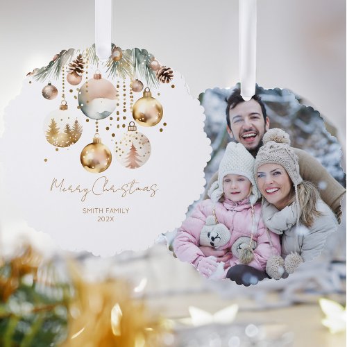 Boho Christmas template photo pines gold baubles Ornament Card