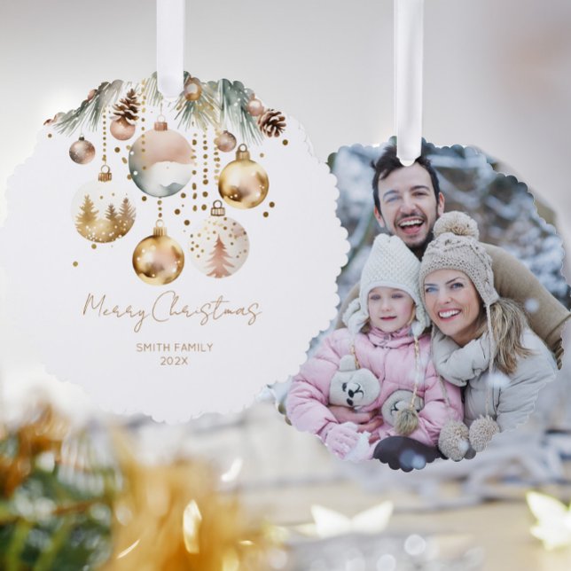 Boho Christmas template photo pines gold baubles Ornament Card (Boho Christmas pines gold baubles Ornament template photo Card unique Christmas greeting cards)