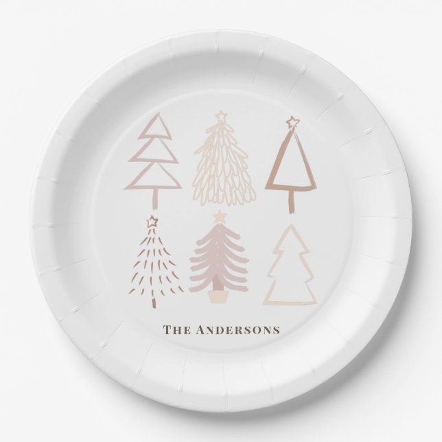 Boho Christmas Trees Dusty Pink Holiday Paper Plates (Front)