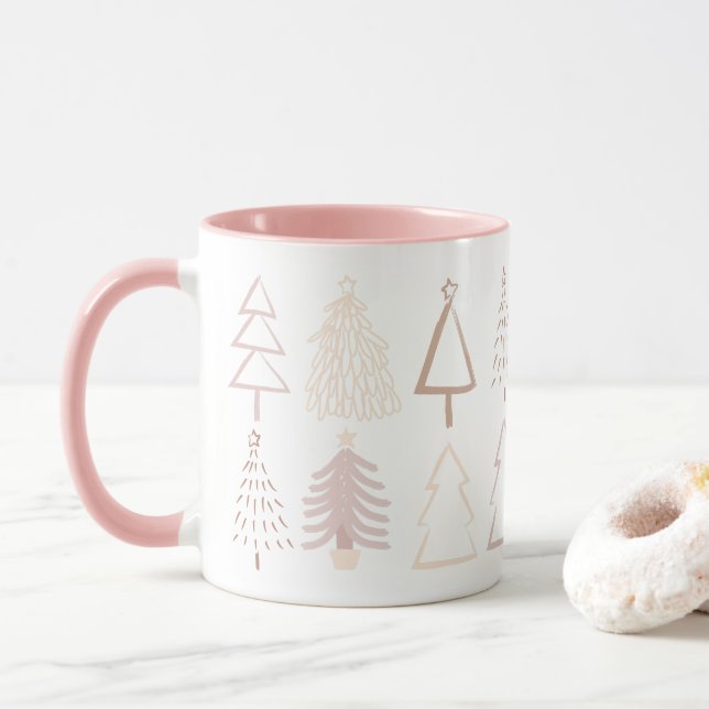 Boho Christmas Trees Dusty Pink Holiday Photo Mug (With Donut)