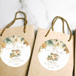 Boho Christmas winter bridal shower tea party favo Classic Round Sticker<br><div class="desc">Christmas winter themed bridal shower tea party favor thank you stickers,  watercolor cup of tea with snowflakes poinsettia and cookies pine branches modern casual font winter bridal shower favor stickers</div>
