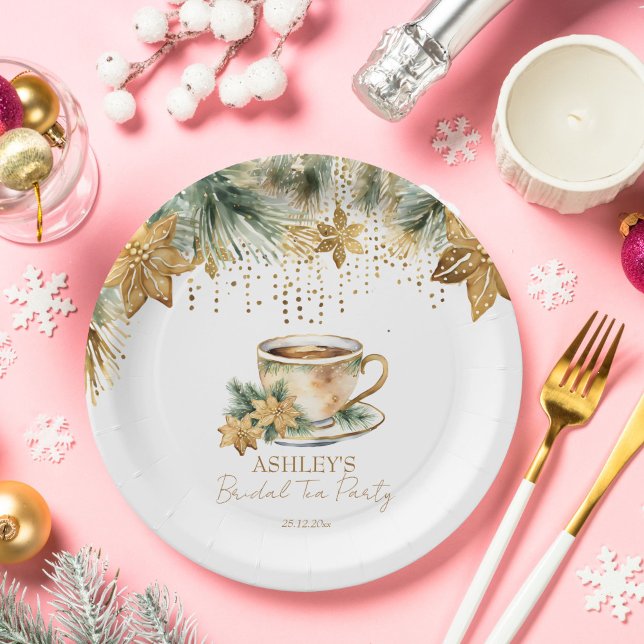 Boho Christmas winter bridal shower tea party Paper Plates (Boho Christmas winter bridal shower tea party tableware personalized Paper Plates gold poinsettia)