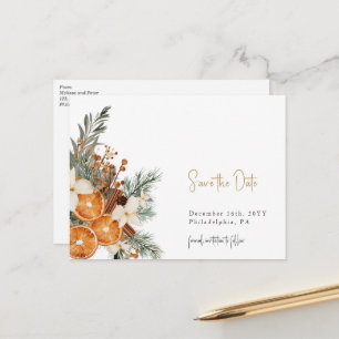 Boho Christmas winter save the date postcard