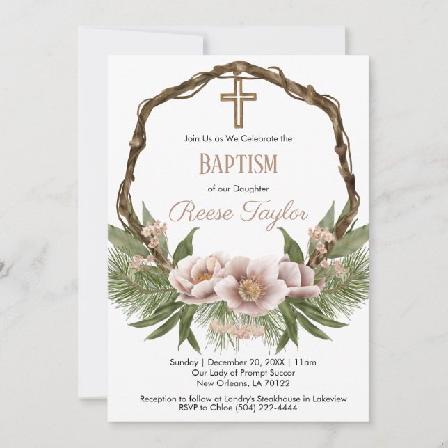 Boho Christmas Wooden Wreath Baptism Invitation (Front)